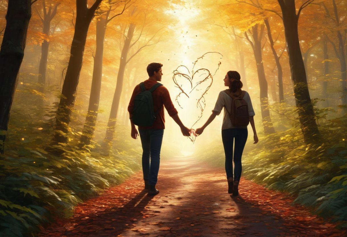 A beautiful pathway winding through a tranquil forest, where two silhouettes, representing friends, transform into a couple, shining with vibrant heart-shaped sparks surrounding them. The scene captures moments of laughter and intimacy along the path, with soft sunlight filtering through the leaves, creating a magical ambiance. super-realistic. vibrant colors. dreamy atmosphere.