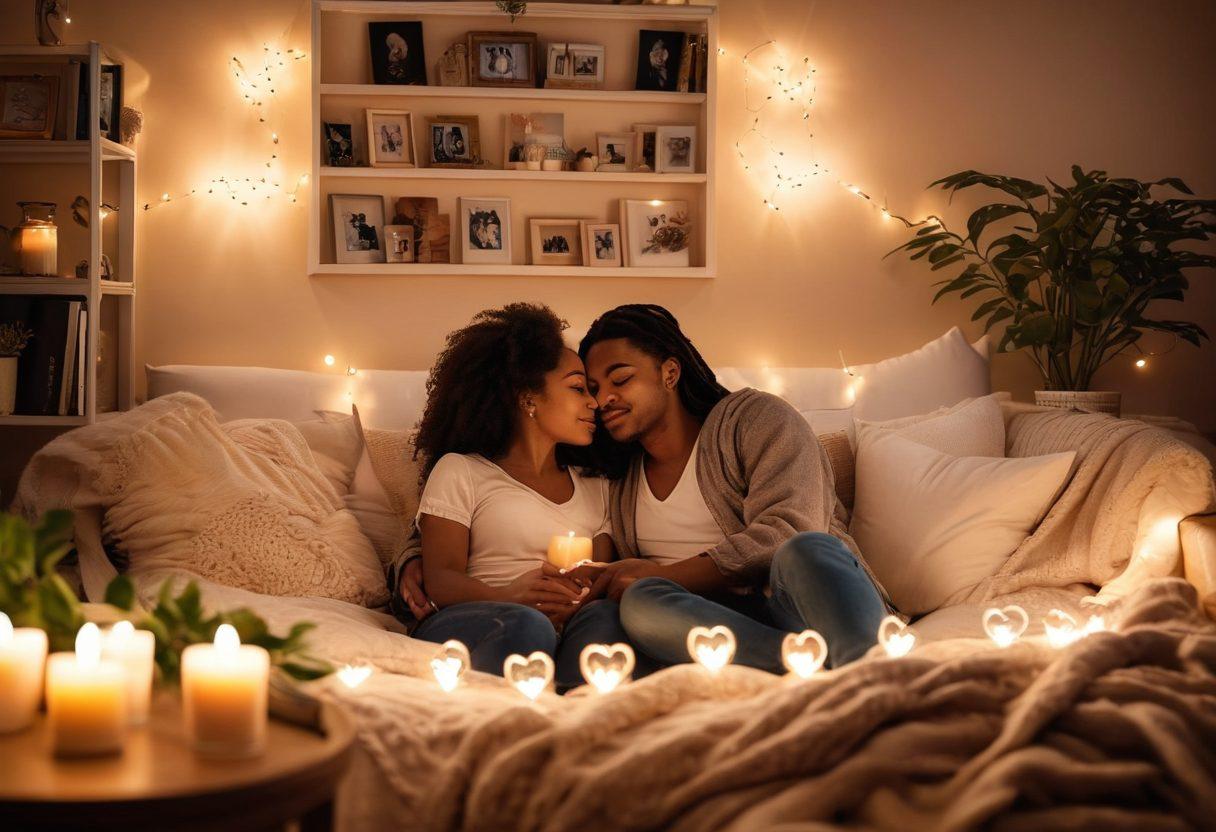 A cozy, candle-lit living room scene featuring a couple sharing a loving gaze, surrounded by soft pillows and blankets. In the background, a bookshelf filled with relationship books and plants creates a warm atmosphere. A heart-shaped photo frame displays cherished moments. Delicate fairy lights twinkle above, adding a touch of magic and intimacy. soft colors, warm lighting, inviting ambiance.